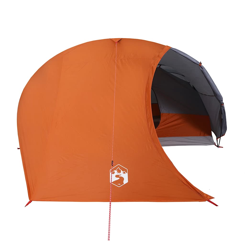 Detail van de grijze en oranje vidaXL koepeltent met een zijaanzicht van de ingang.