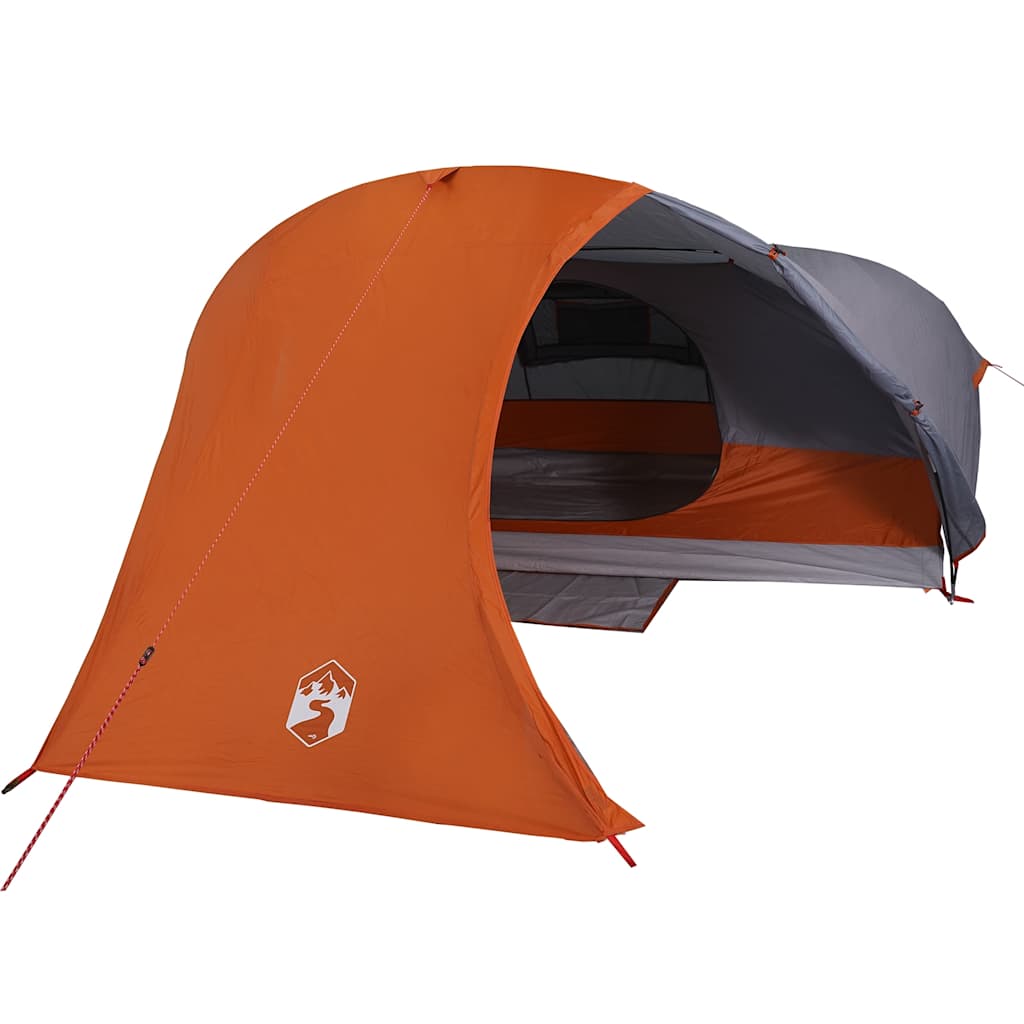 Detail van de vidaXL koepeltent in grijs en oranje, zijaanzicht met ingang geopend.