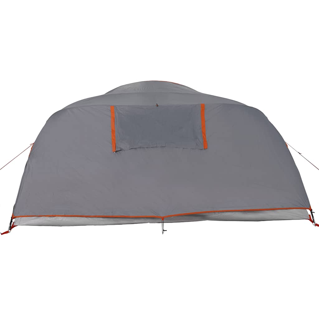 Detail van de grijze vidaXL koepeltent met oranje accenten en ventilatierooster.