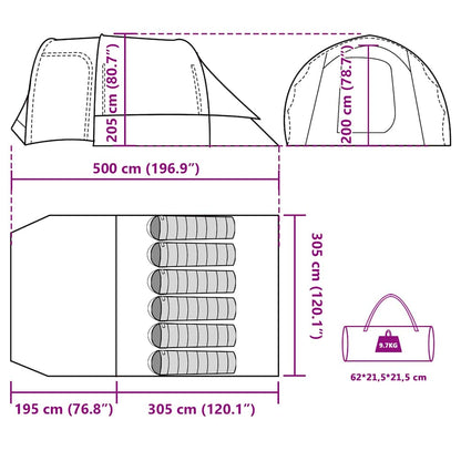 Detailweergave van de afmetingen en indeling van de vidaXL 6-persoons tent in groen.