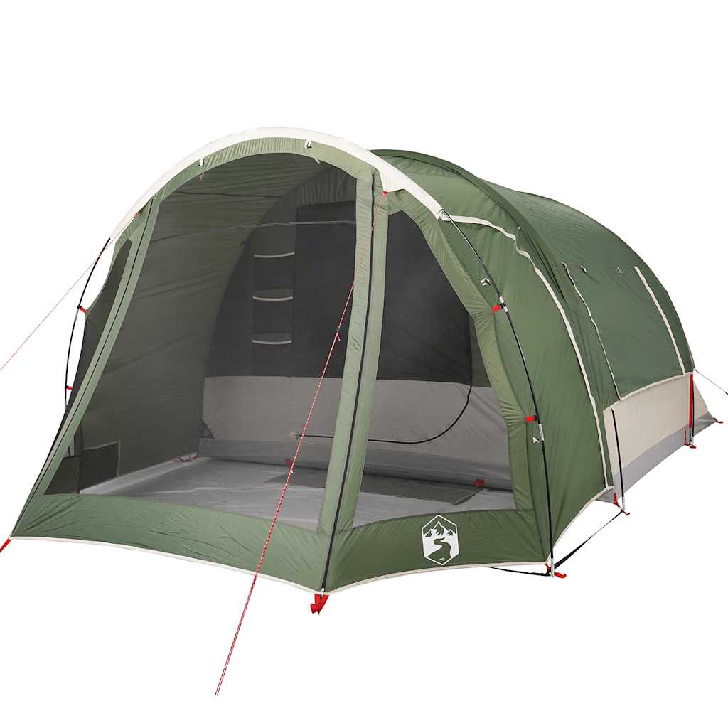 Detail van de vidaXL 6-persoons tent in groen, met open ingang en ventilatierooster.