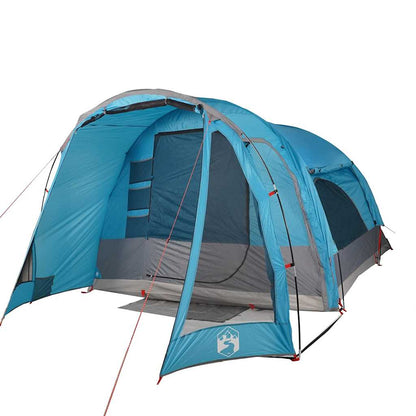 Zijaanzicht van de vidaXL 6-persoons waterdichte tent in blauw met ingangen en ventilatie.