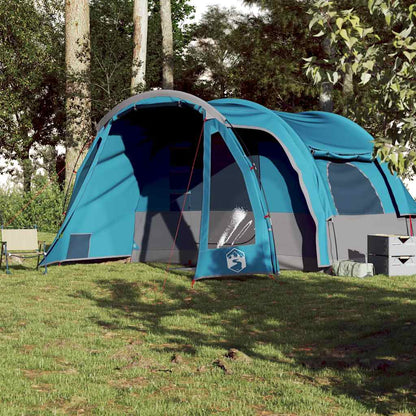 Zijaanzicht van de vidaXL 6-persoons kampeertent in blauw, met open ingang en ventilatie.