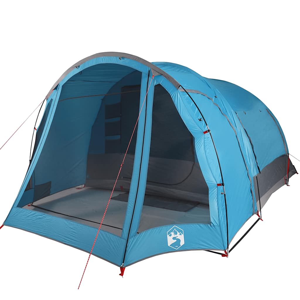 Zijaanzicht van de vidaXL 6-persoons waterdichte tent in blauw met ventilatieroosters.