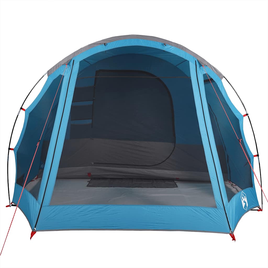 Zijaanzicht van de vidaXL 6-persoons waterdichte tent in blauw met ventilatierooster.