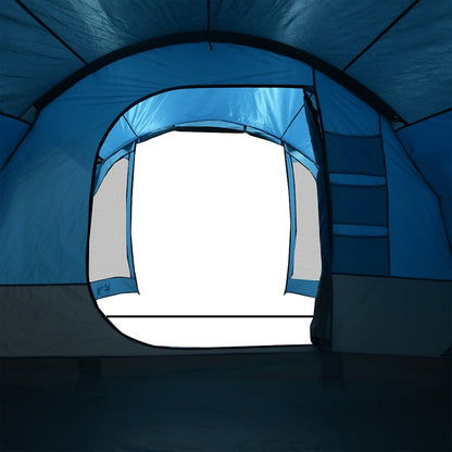 Detail van de blauwe vidaXL kampeertent met open deur en gaasvenster.