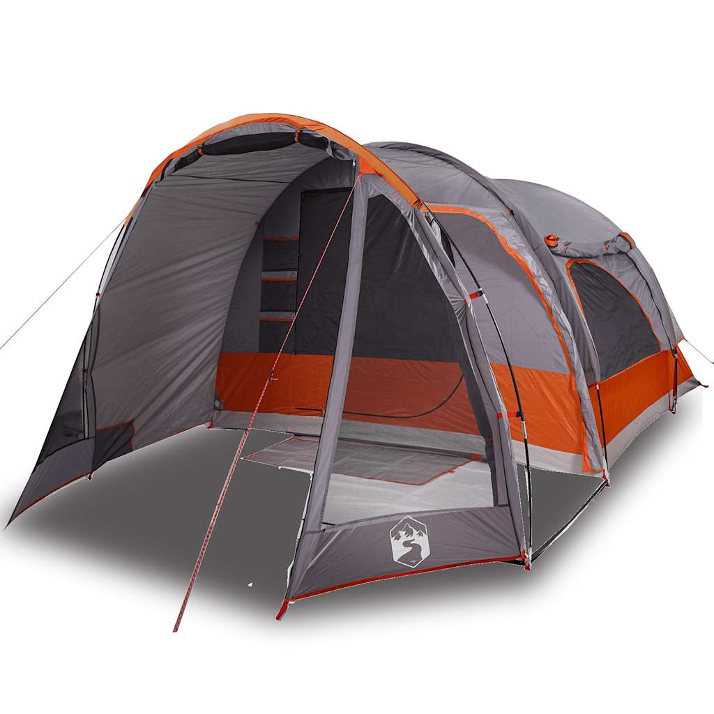 Zijaanzicht van de vidaXL 6-persoons tent in grijs met oranje accenten.