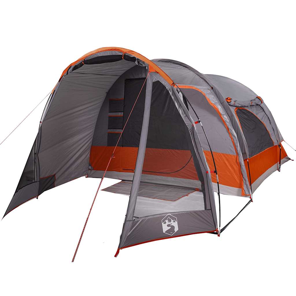 Zijaanzicht van de vidaXL 6-persoons tent met oranje accenten en open ingang.