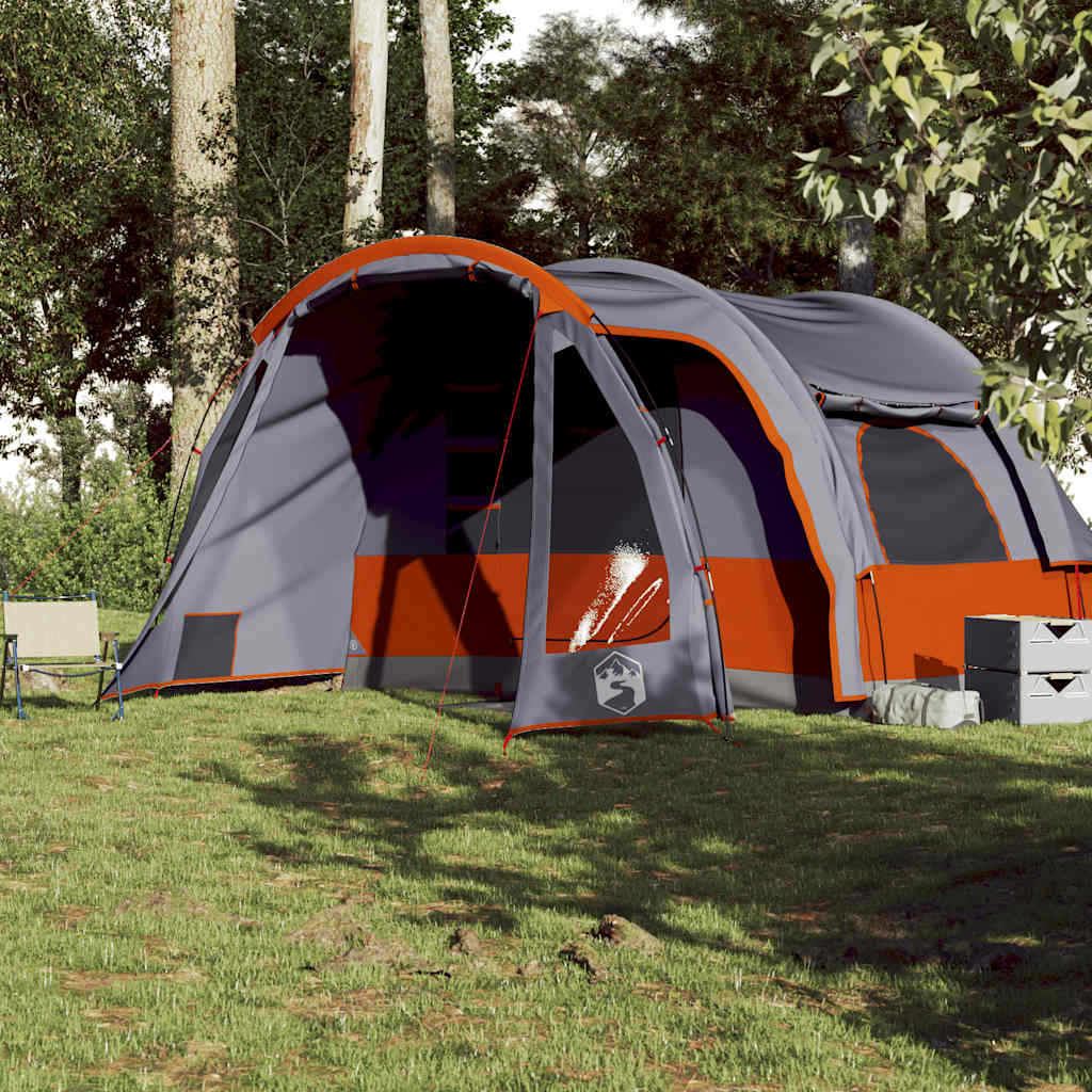 Detail van de vidaXL 6-persoons tent met grijze en oranje accenten, zijaanzicht.