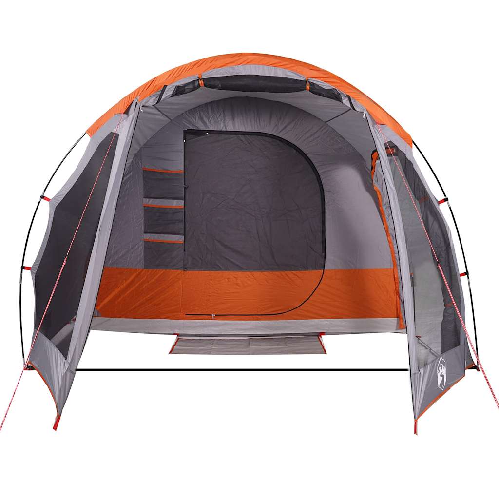 Detail van de grijze vidaXL 6-persoons tent met oranje accenten en ingang.