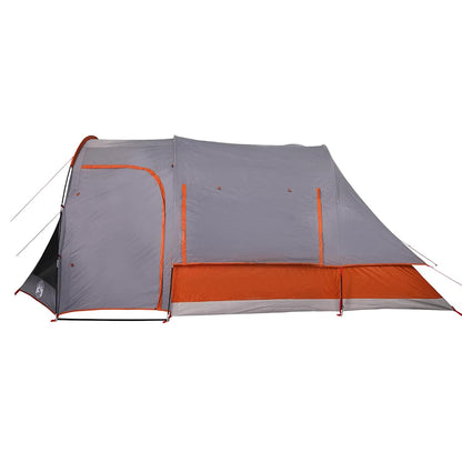 Zijaanzicht van de vidaXL 6-persoons tent in grijs met oranje details.