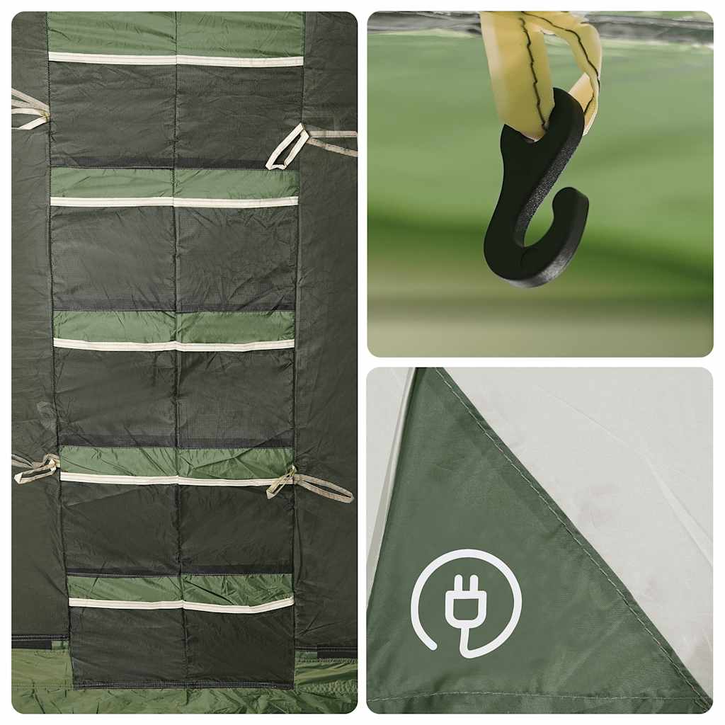 Detail van de groene vidaXL tunneltent met opbergvakken en haak voor verlichting.