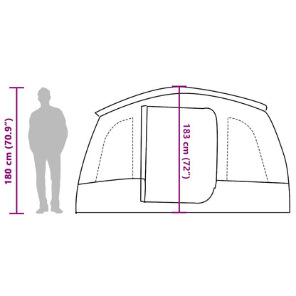 Detail van de vidaXL tunneltent met afmetingen en toegangspunt, zijaanzicht.
