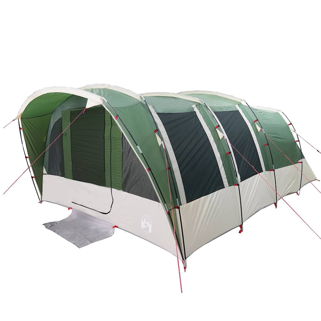 Detail van de vidaXL tunneltent in groen, zijaanzicht met open ingang en ventilatie.