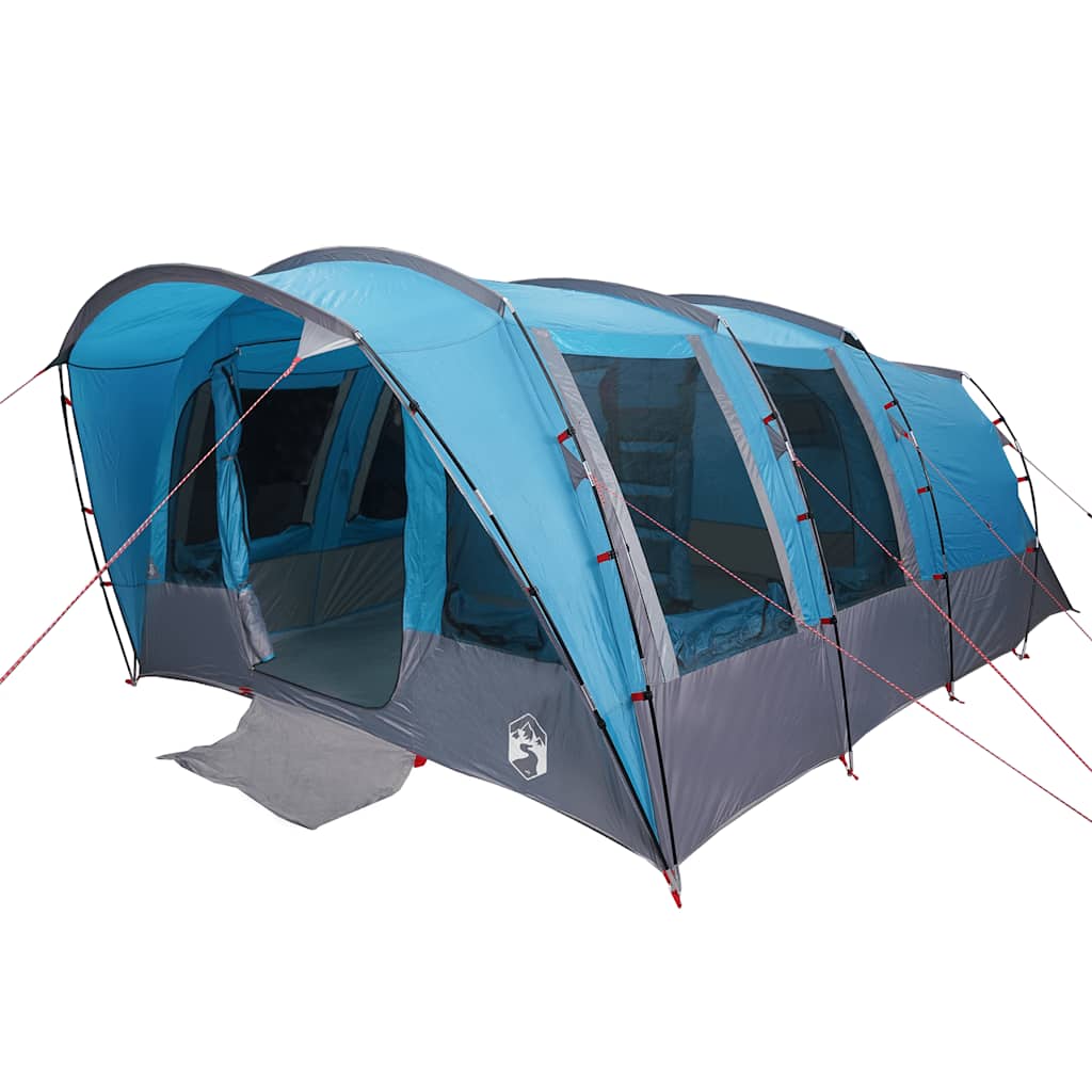 Detail van de vidaXL tunneltent in blauw met ruime ingangen en ventilatieroosters.