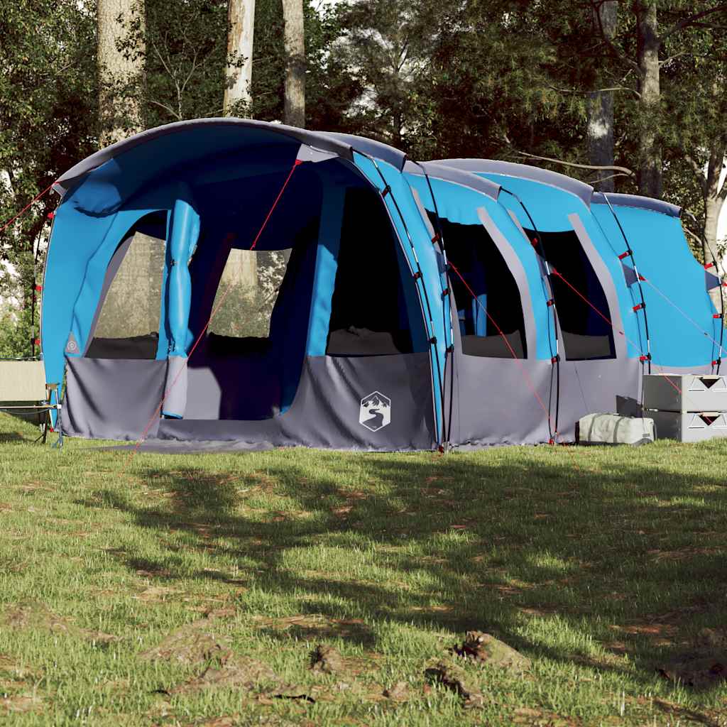 Zijaanzicht van de vidaXL tunneltent voor 8 personen in blauw, met open ingangen.