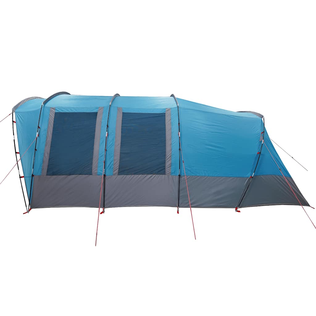 Zijaanzicht van de vidaXL tunneltent in blauw, met grote ramen en waterdichte bekleding.