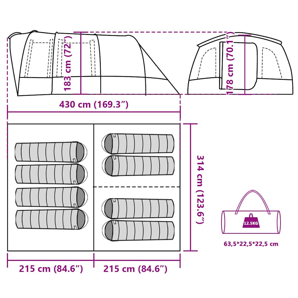Detail van de afmetingen en indeling van de vidaXL 8-persoons tunneltent in grijs.