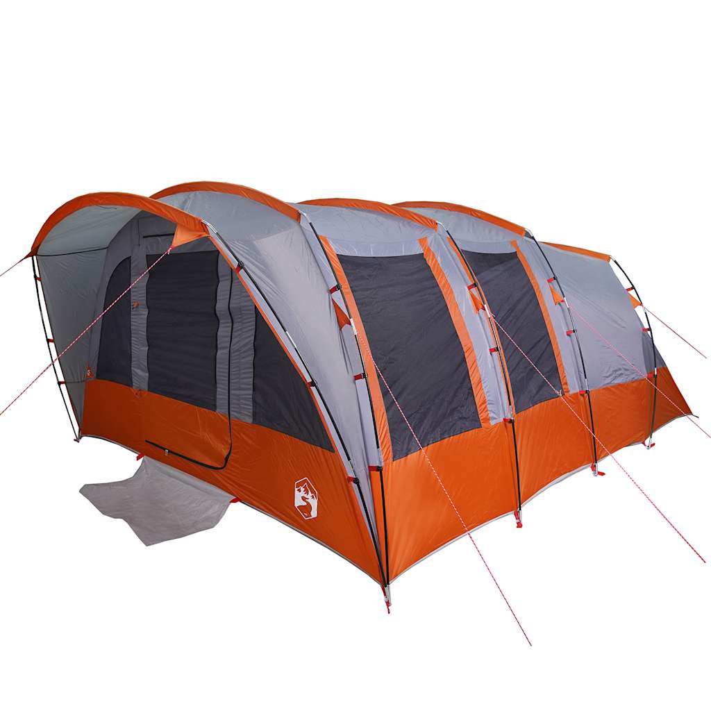 Detail van de grijze vidaXL tunneltent met oranje accenten en zij-ingang.