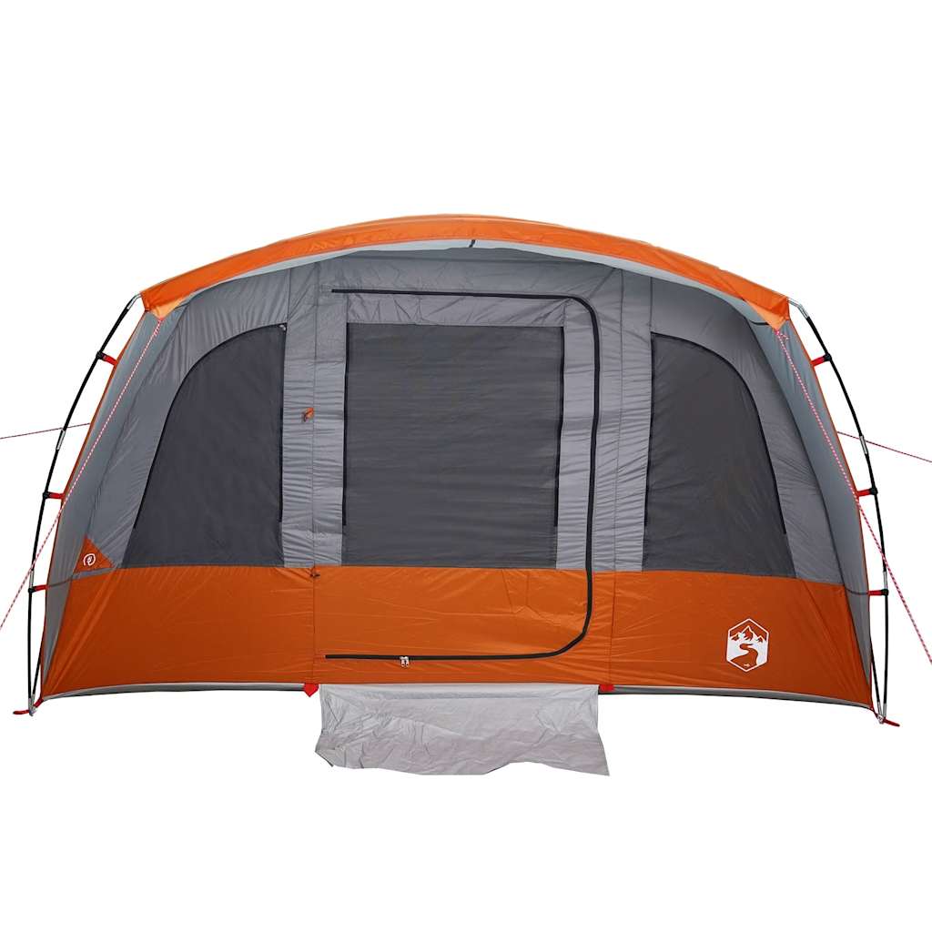 Detail van de grijze vidaXL tunneltent met oranje accenten en een grote ingang.