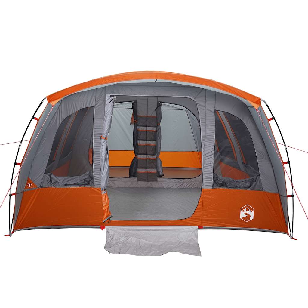 Detail van de grijze vidaXL tunneltent met oranje accenten en open ingangen.