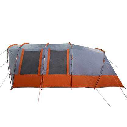 Detail van de vidaXL tunneltent in grijs en oranje, zijaanzicht met openingen voor ventilatie.