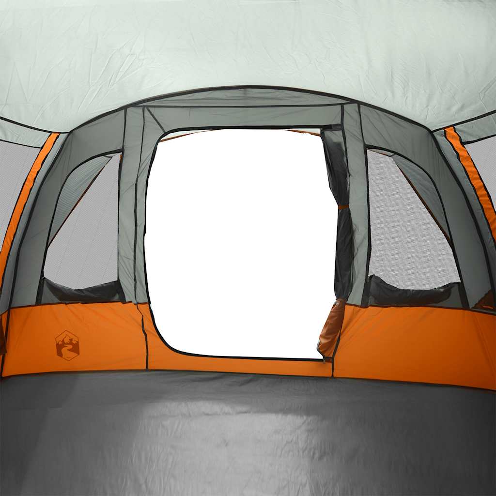 Detail van het raam met grijze en oranje randen van de vidaXL 8-persoons tunneltent.