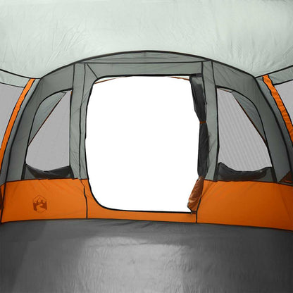 Detail van het raam met grijze en oranje randen van de vidaXL 8-persoons tunneltent.