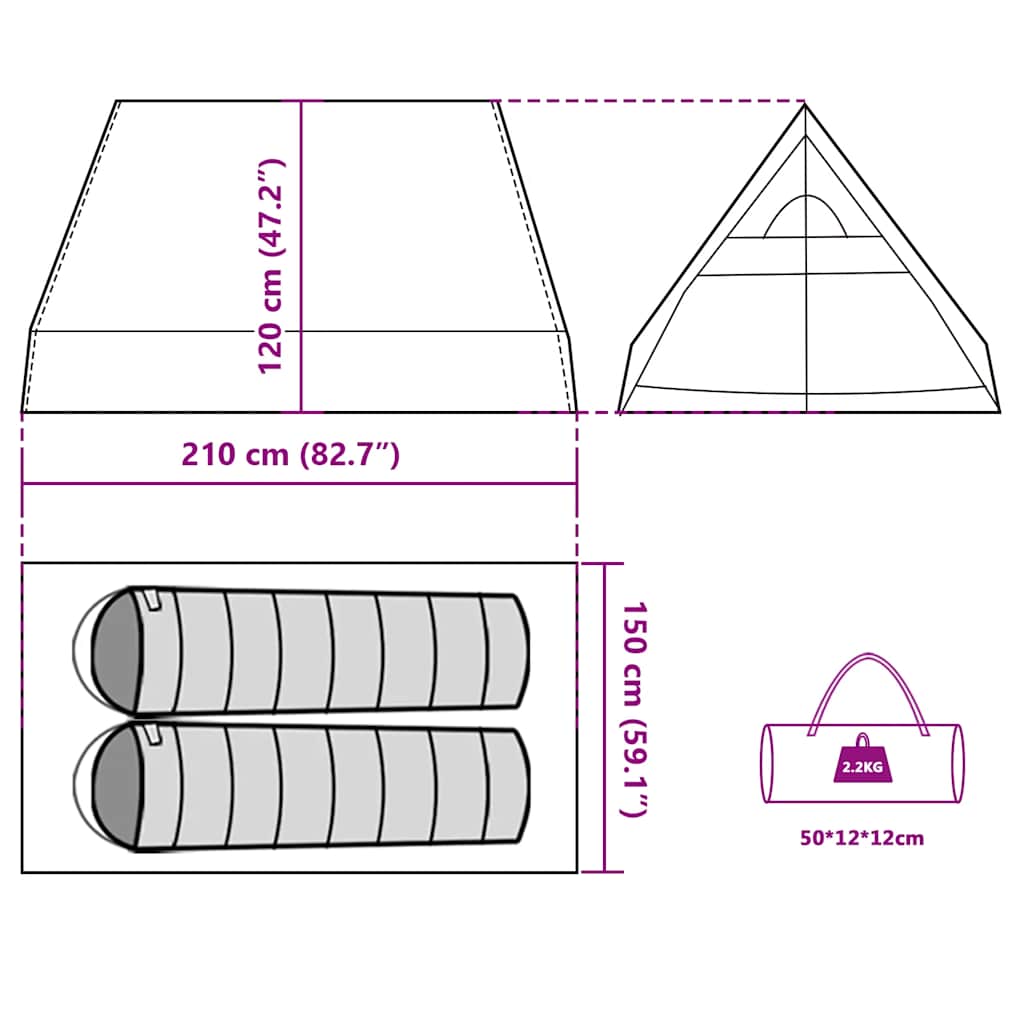 Detailtekening van de vidaXL A-frame tent met afmetingen en opbergmogelijkheden.