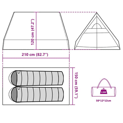 Detailtekening van de vidaXL A-frame tent met afmetingen en opbergmogelijkheden.