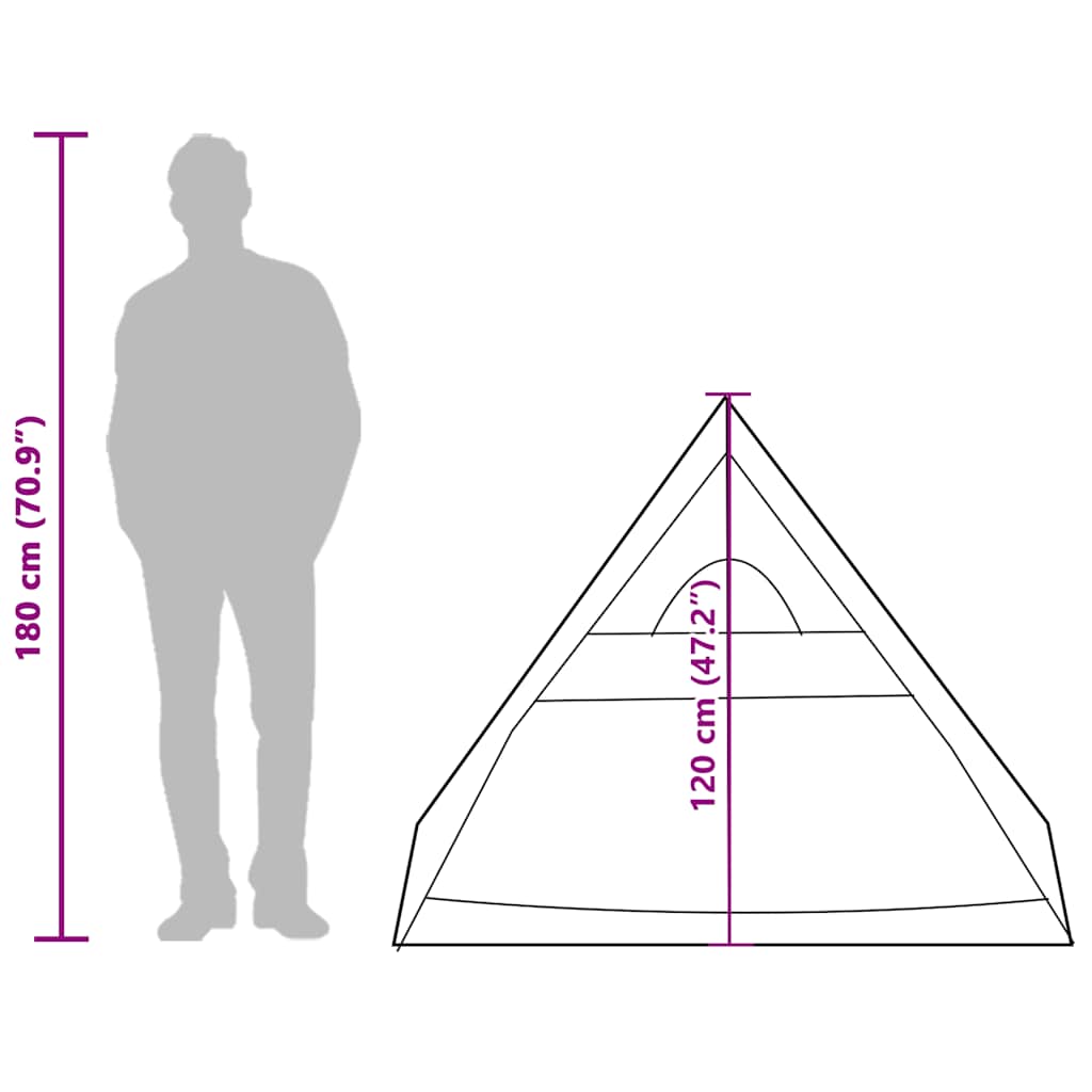 Detailweergave van de vidaXL A-frame tent met afmetingen en silhouet van een persoon ernaast.