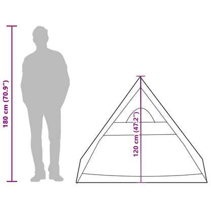 Detailweergave van de vidaXL A-frame tent met afmetingen en silhouet van een persoon ernaast.