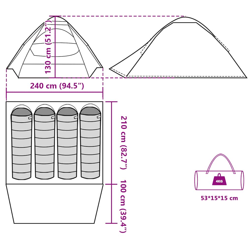 Detailweergave van de afmetingen en indeling van de vidaXL koepeltent voor vier personen.