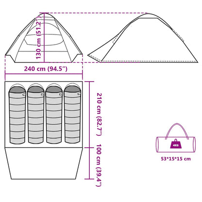 Detailweergave van de afmetingen en indeling van de vidaXL koepeltent voor vier personen.