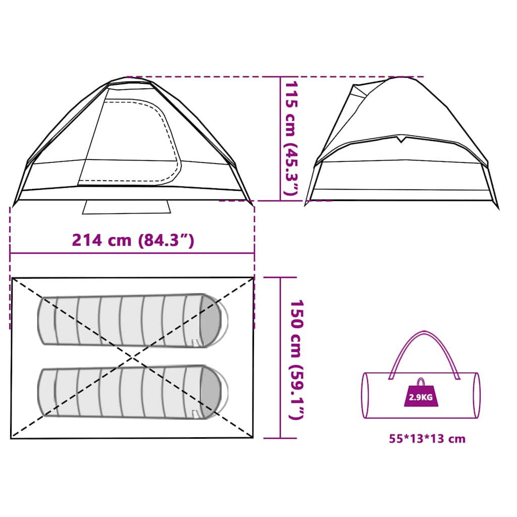 Detail van de afmetingen en opbergtas van de vidaXL 2-persoons koepeltent.