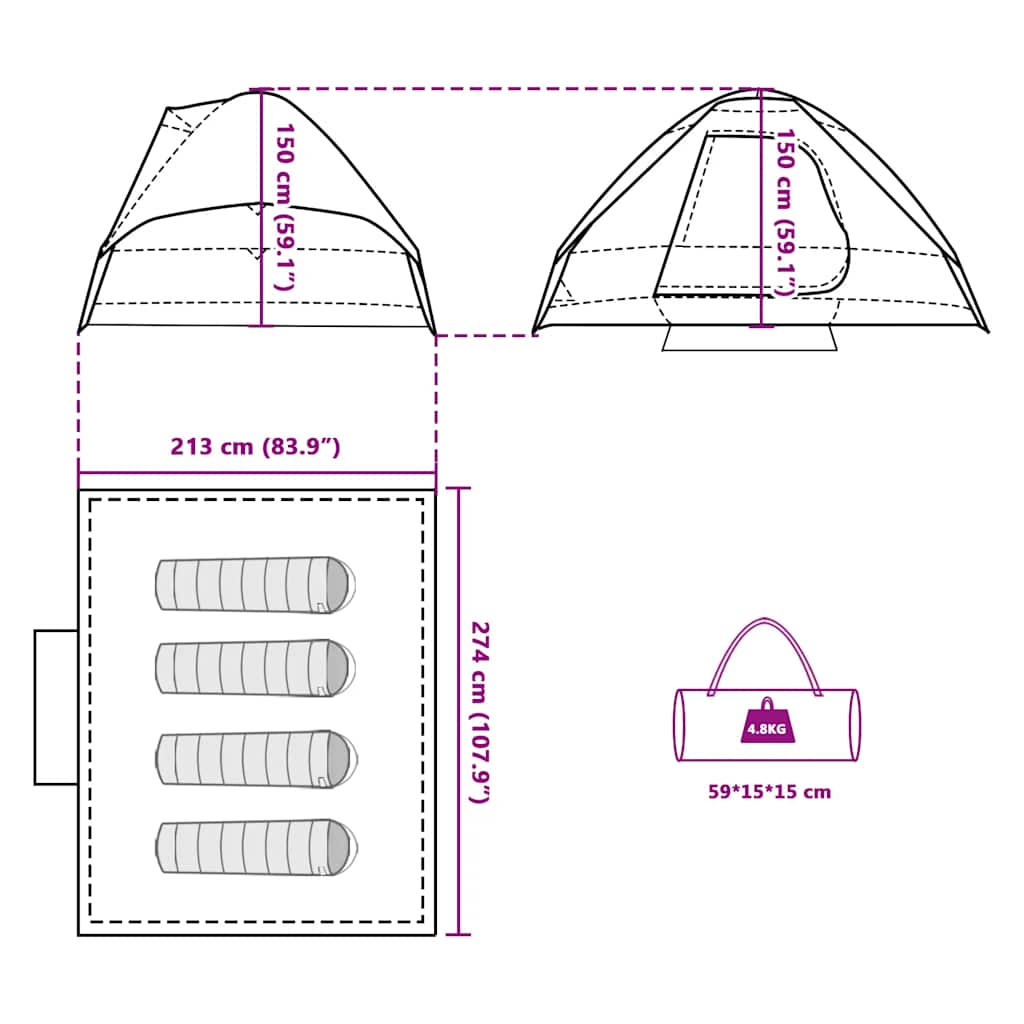 Detail van de vidaXL koepeltent met afmetingen en opbergzak, zijaanzicht.