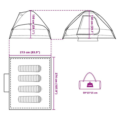 Detail van de vidaXL koepeltent met afmetingen en opbergzak, zijaanzicht.