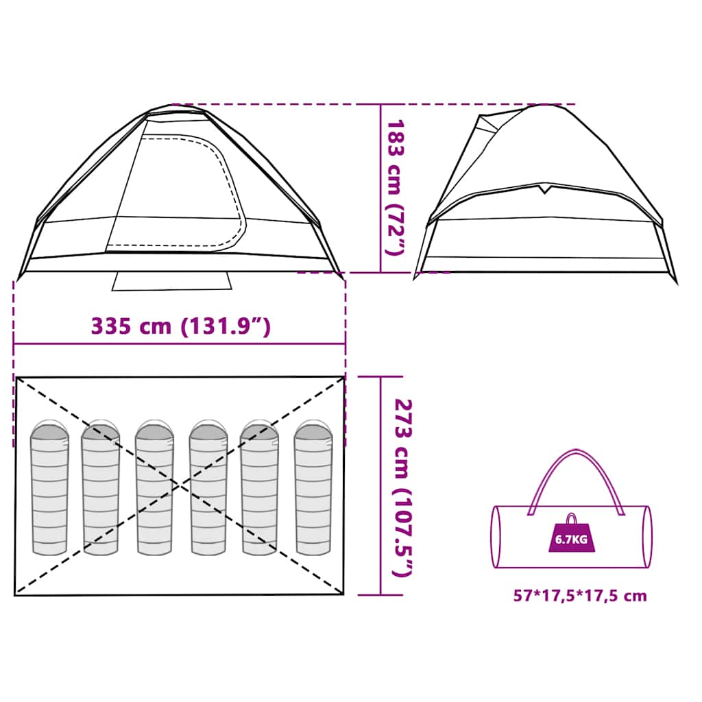 Detailtekening van de vidaXL koepeltent met afmetingen en ontwerpkenmerken.