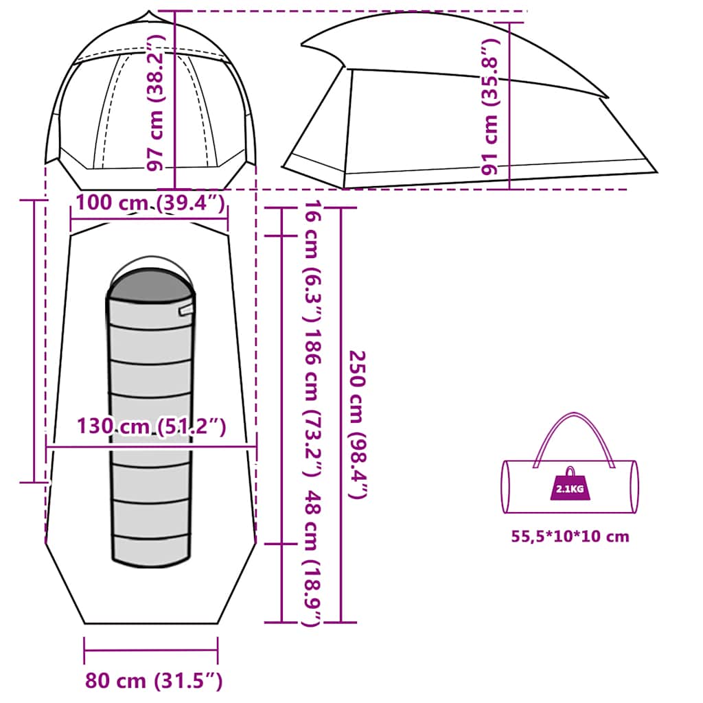 Detailweergave van de vidaXL koepeltent met afmetingen en ontwerpdetails.