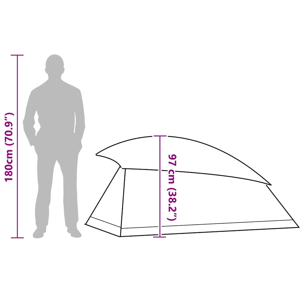 Zijaanzicht van de vidaXL koepeltent met afmetingen en silhouet van een persoon.