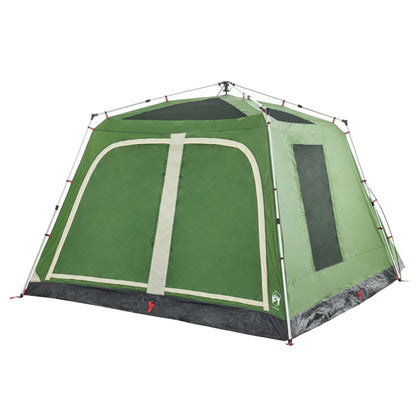 Zijaanzicht van de vidaXL gezinstent in groen met luifel en ventilatierooster.