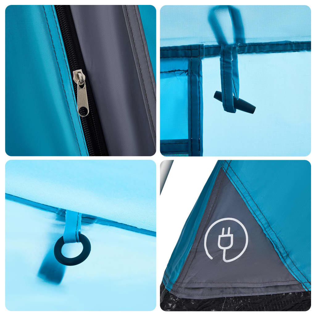 Detail van de rits en bevestigingspunten van de vidaXL gezinstent in blauw.