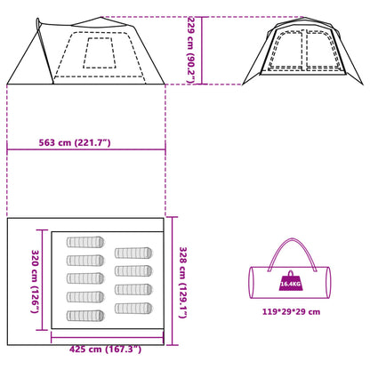 Detail van de afmetingen en indeling van de vidaXL gezinstent met luifel.