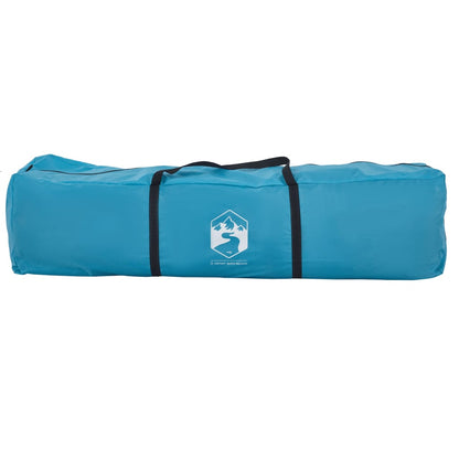 Blauwe vidaXL gezinstent met luifel, opgerold in transporttas met logo.