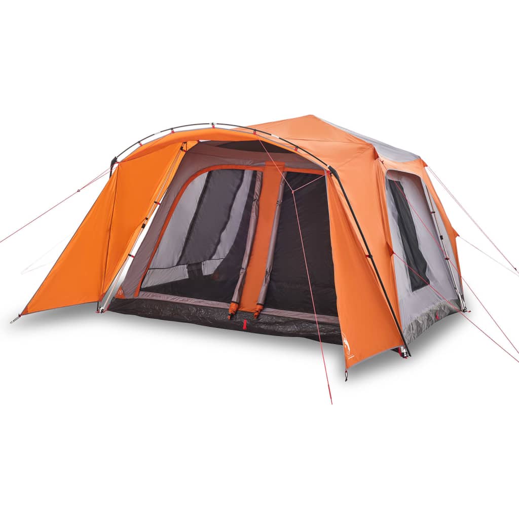Zijaanzicht van de vidaXL 9-persoons tent met oranje luifel en grijze details.