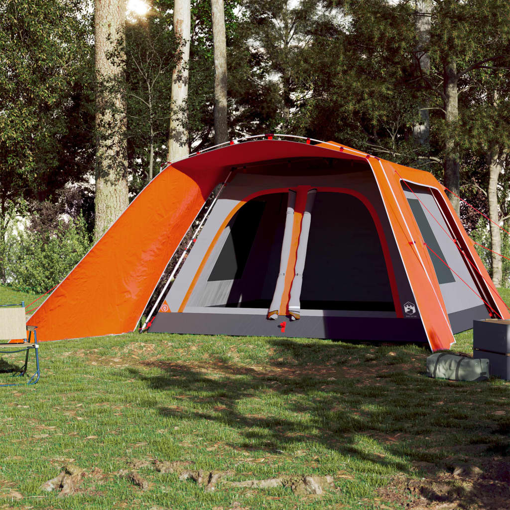 Detail van de vidaXL tent met oranje luifel en grijze zijwanden in een bosrijke omgeving.