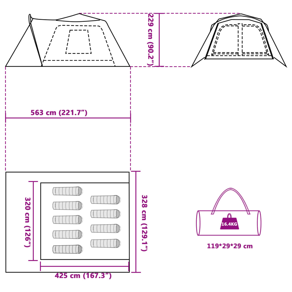Detail van de tentafmetingen en indeling van de vidaXL 9-persoons tent met luifel.