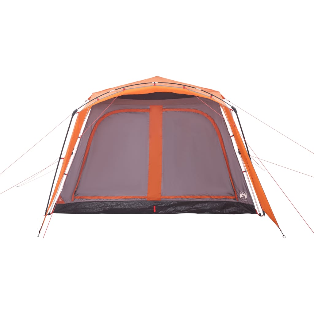 Detail van de vidaXL tent met grijze en oranje luifel, zijaanzicht met grote ramen.