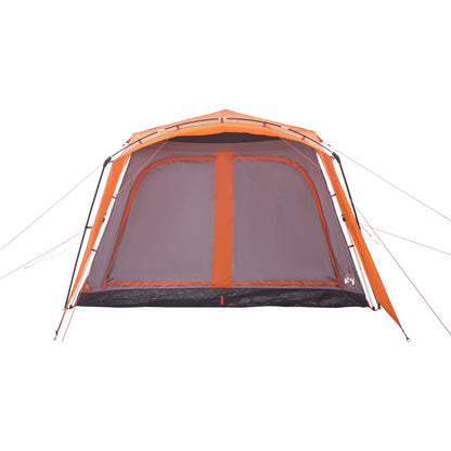 Detail van de vidaXL tent met grijze en oranje luifel, zijaanzicht met grote ramen.