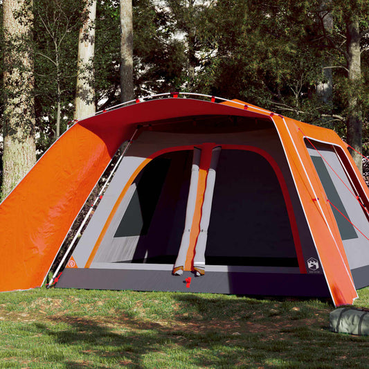 Grijze vidaXL tent voor 9 personen met oranje luifel en snelontgrendeling, zijaanzicht.